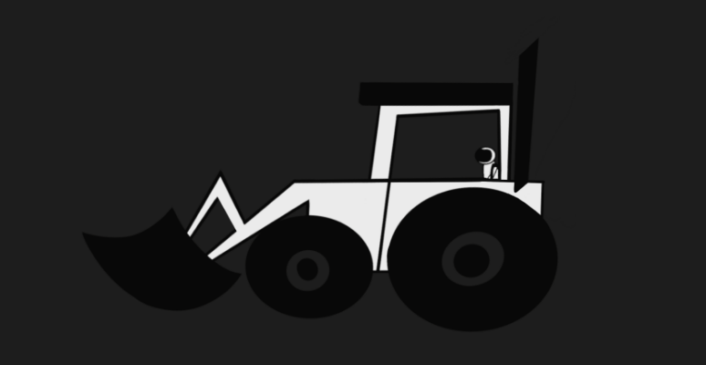 Digger illustration in grey and white scale with small person driving
