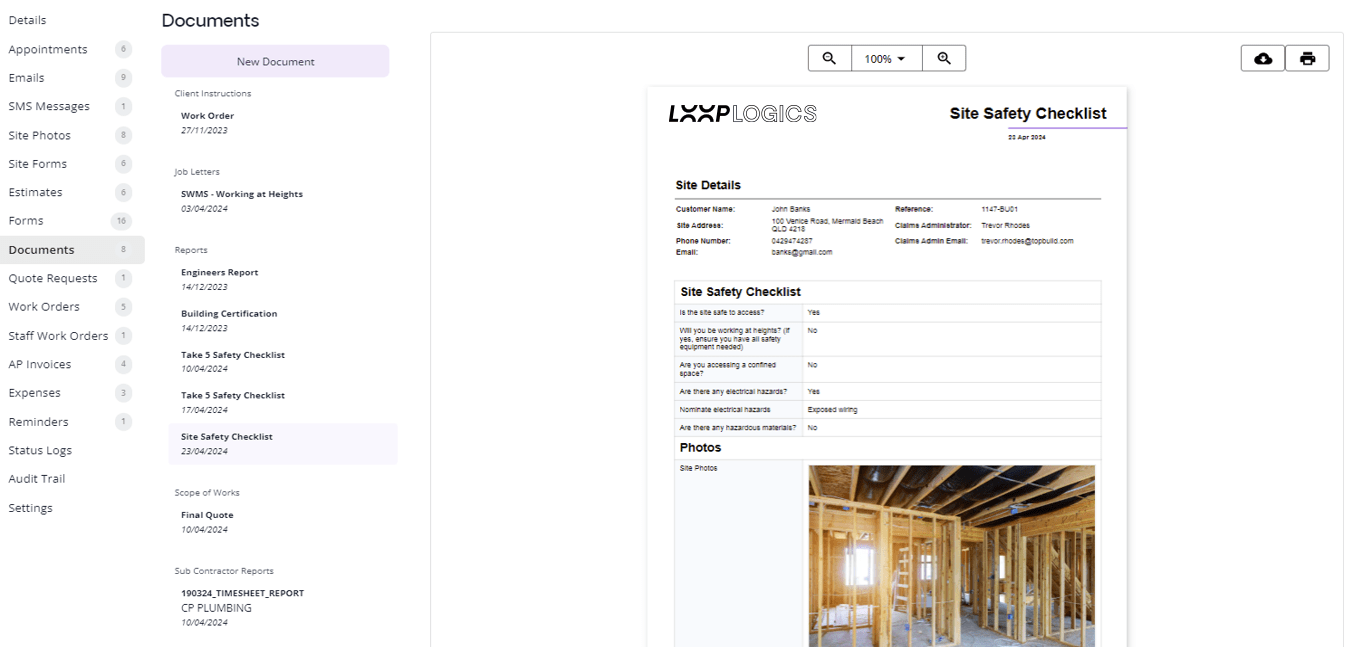 Documents features Loop Software - Construction Management