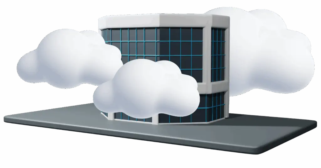 A modern office building with reflective glass walls is surrounded by fluffy white clouds, set against a dark background, conveying a sense of innovation